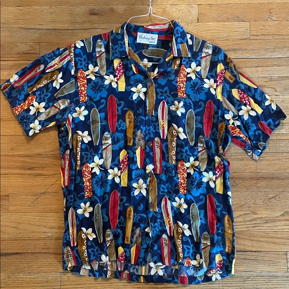 Men's Navy Surfboard Print Short-Sleeve Button-Down Shirt
